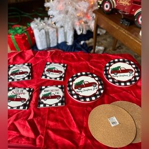 ❤️ Red Truck Christmas Ceramic Coaster Trivet Set